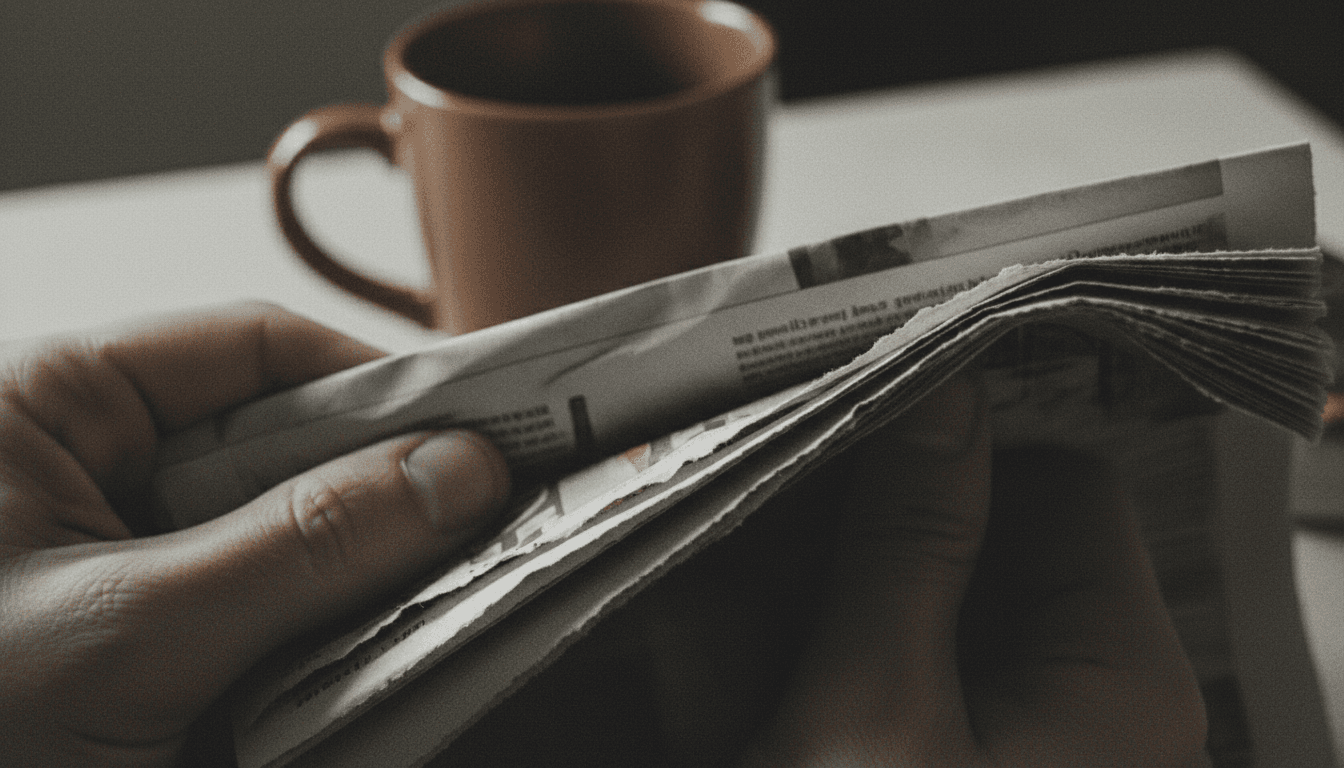 Hands turning pages of a newspaper in harsh overhead light