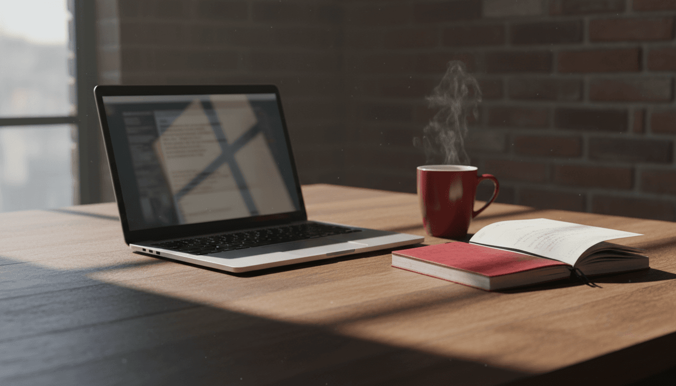 A laptop on a desk with a coffee mug and notebook, representing the daily news briefing workspace