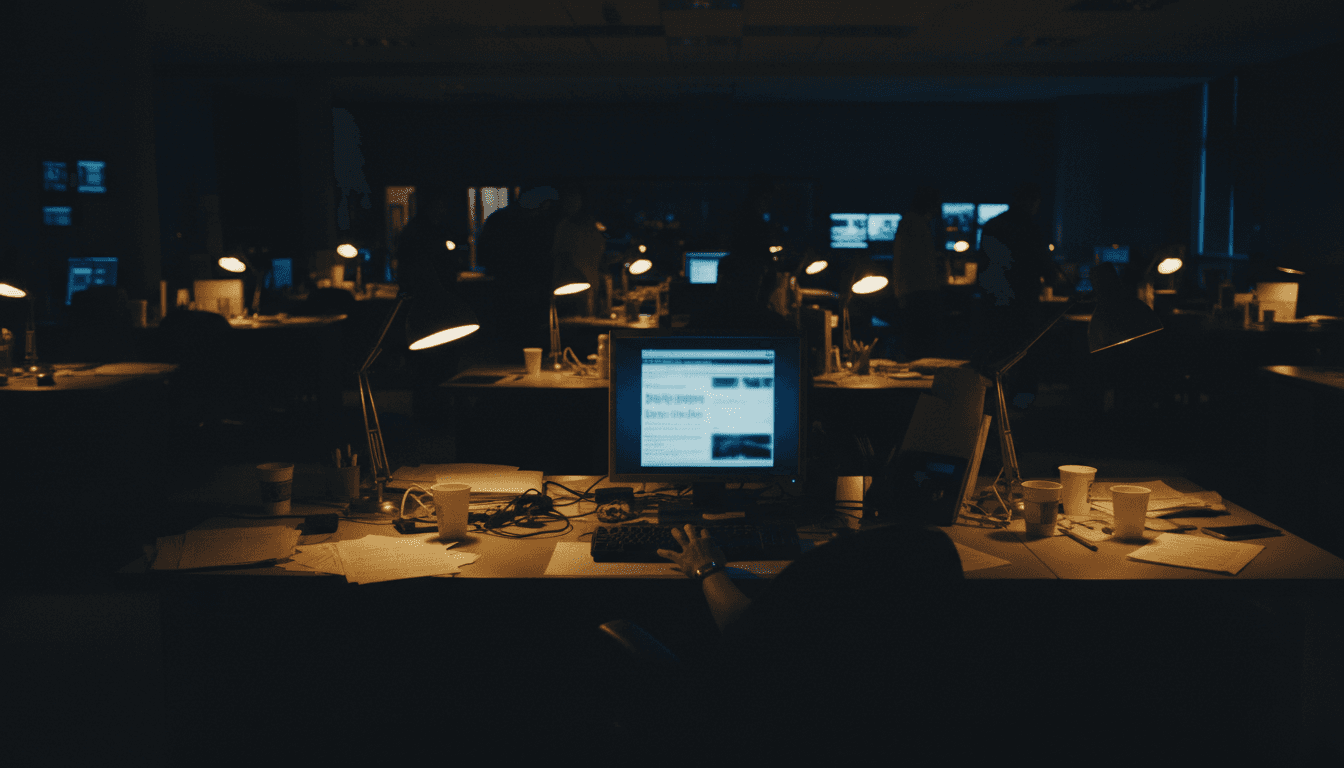 Newsroom at night with warm desk lamps and a glowing computer monitor