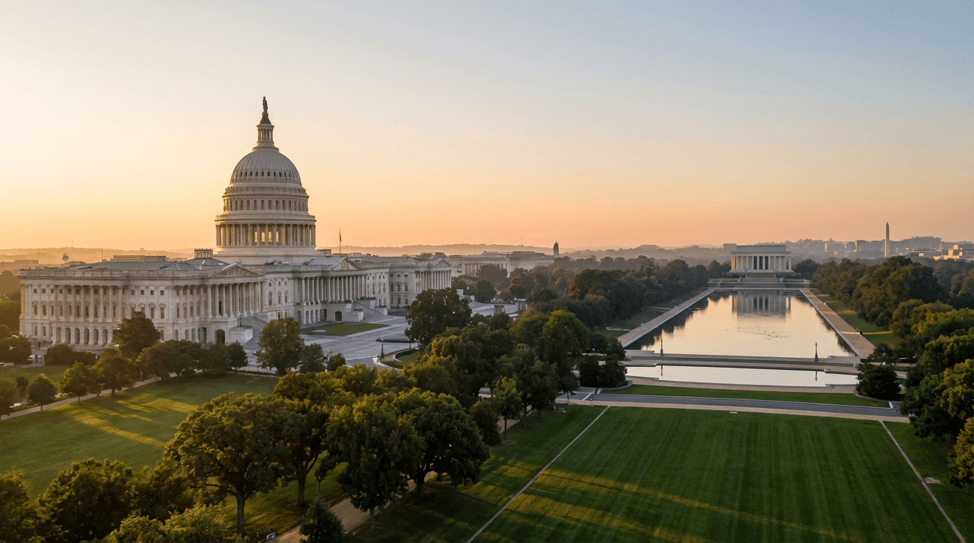 American flag waving in front of the U.S. Capitol building at dusk