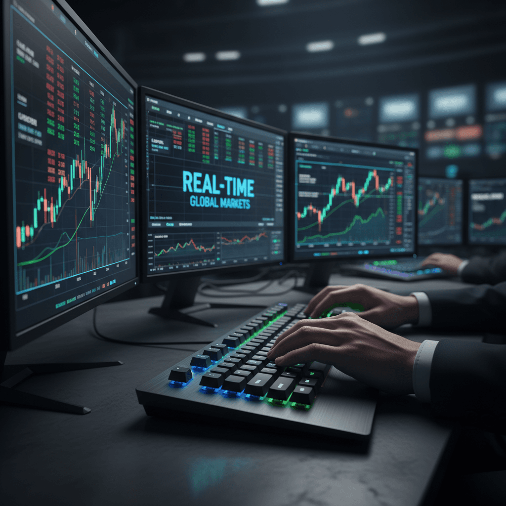 Close-up of computer monitor showing financial data and stock tickers with green and red charts, blurred screen, documentary style with harsh flash and grain