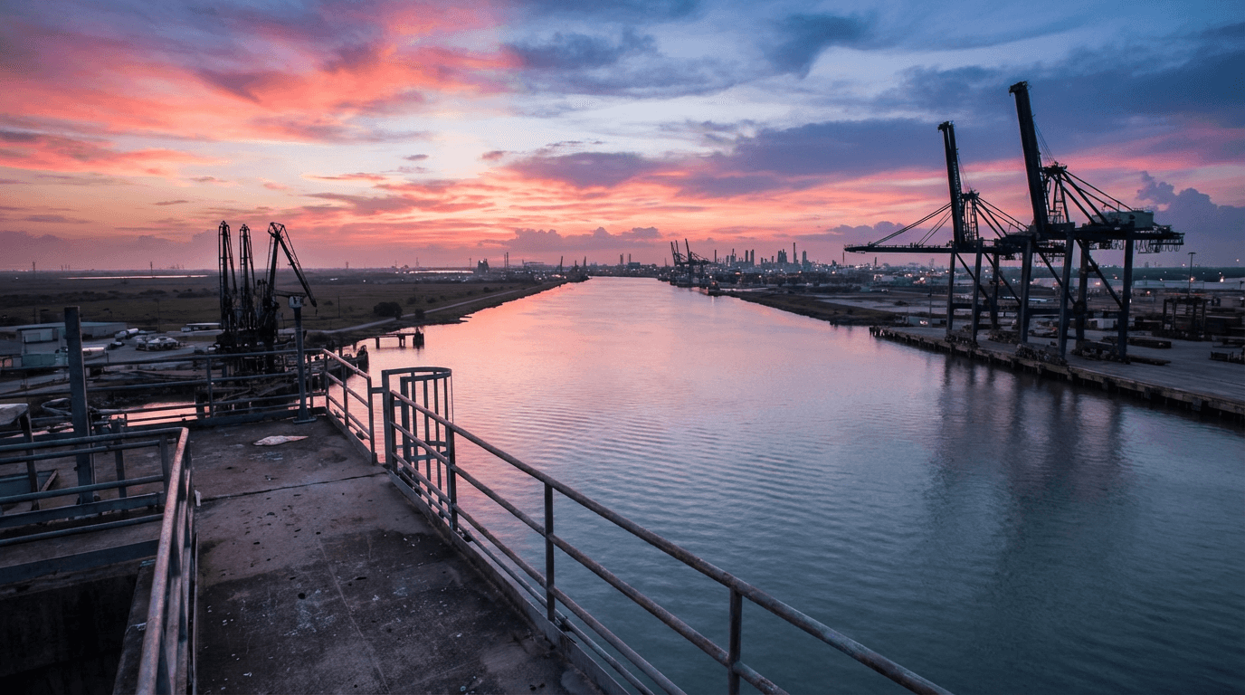 Cargo containers at a busy shipping port during golden hour