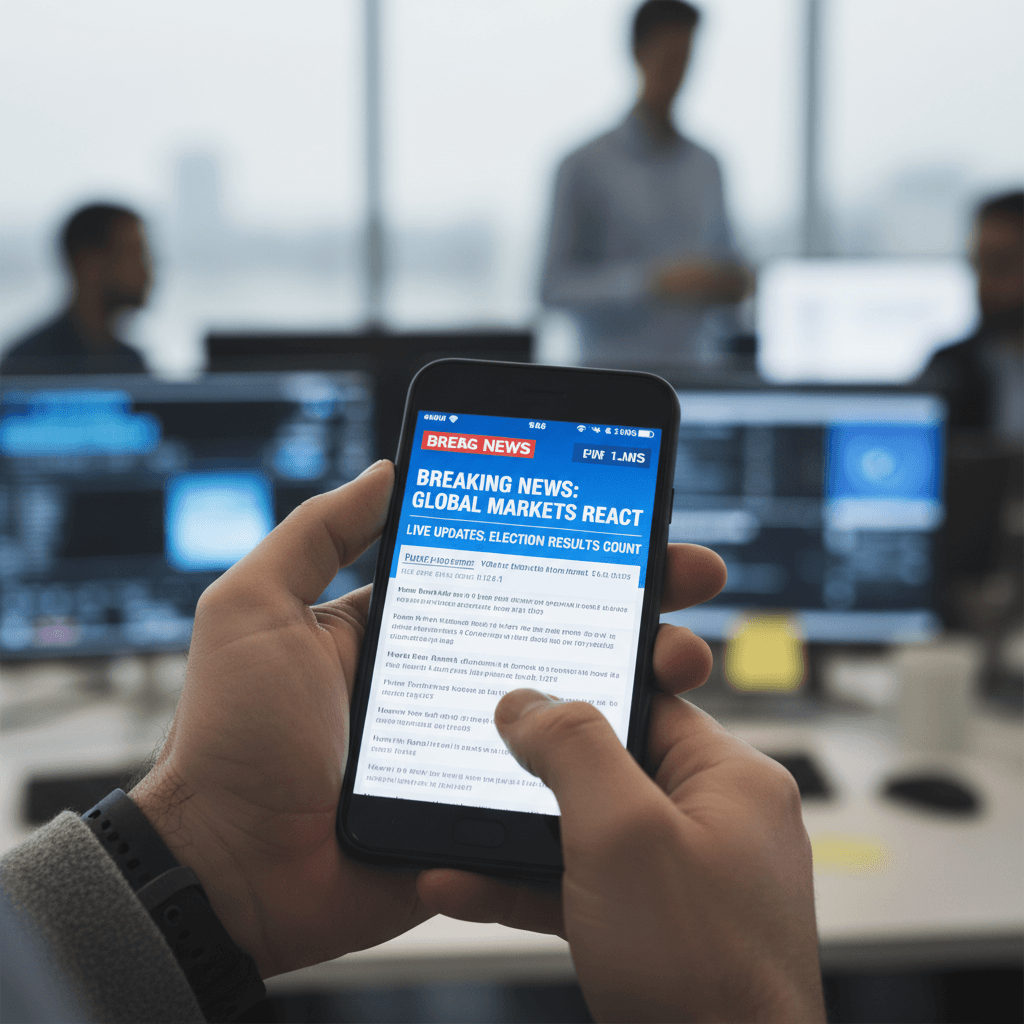 Hand holding a smartphone with a breaking news alert on screen