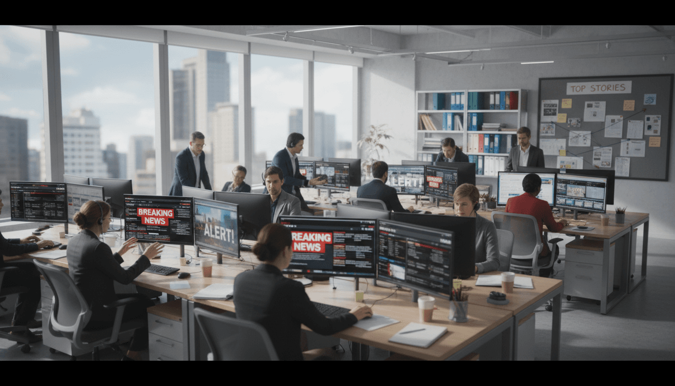Busy newsroom scene with reporters working at desks with computer monitors